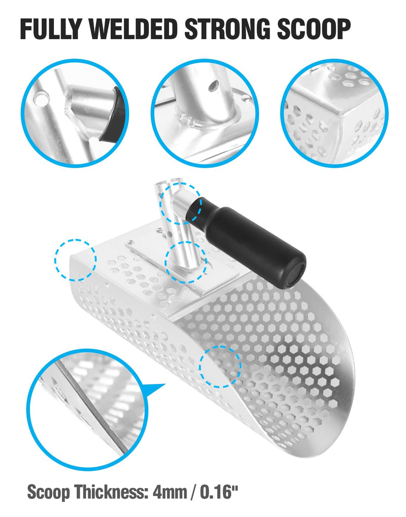 Sand Scoop for Metal Detecting, Heavy Duty Anodized Aluminum Metal Detector Beach Finds Scoop, Metal Detecting Tool Digging Sifting Shovel with 42 inch Handle Silver Sand Scoop + Handle