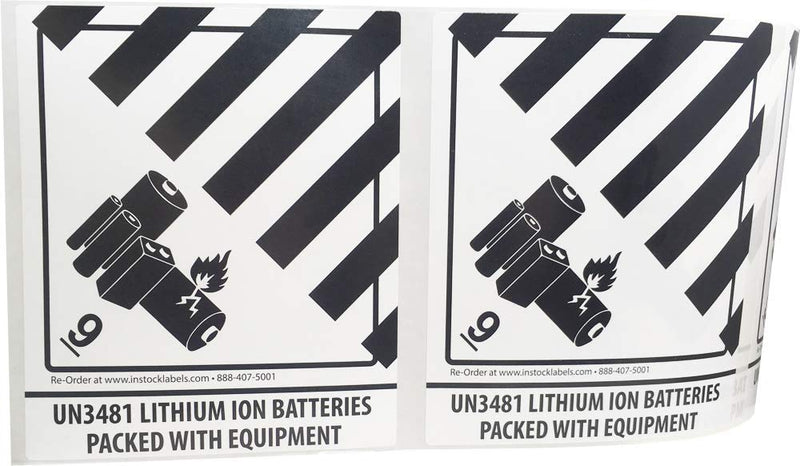 Lithium Ion Batteries Packed with Equipment UN3481 Hazard Class 9 Labels, 4 x 4.75 Inch Square Black and White Adhesive Stickers, 500 Total – Made in the USA