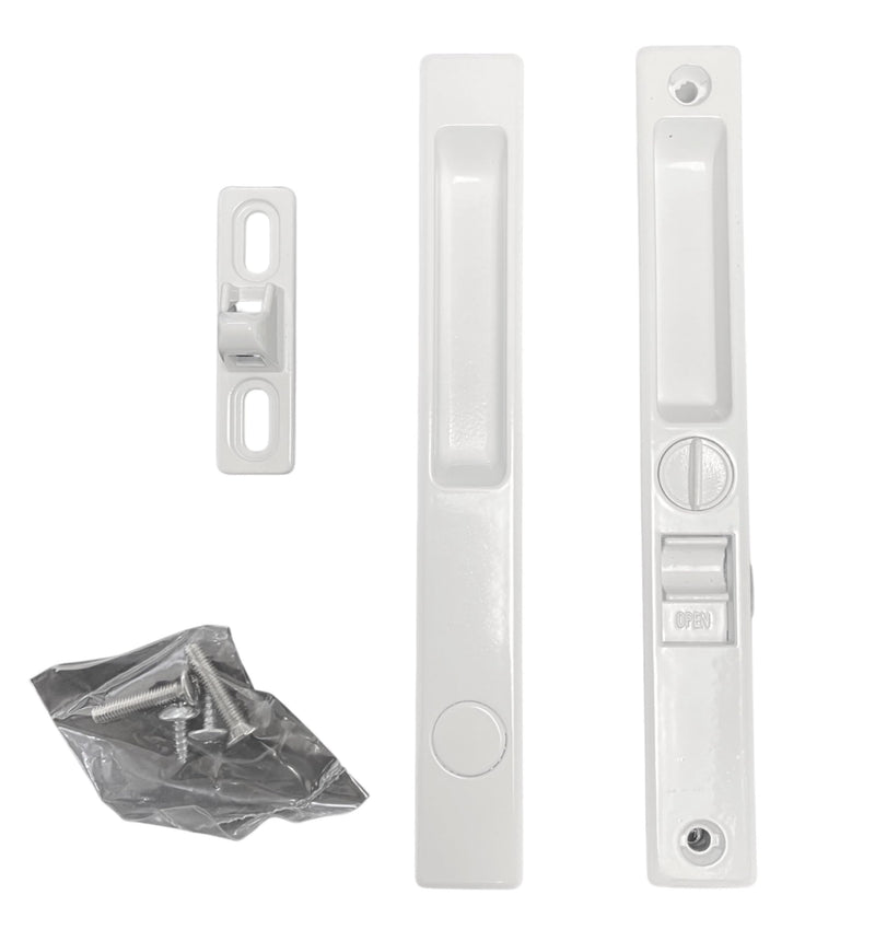 Sliding Glass Patio Door Lock Handle Set, Non-Keyed, Flush Mount, with Nite Lock,C Cam, and Keeper, White, 6-9/16" Screw Hole | Sliding Door Handle Replacement Hardware Repairs (DL-504) (White)