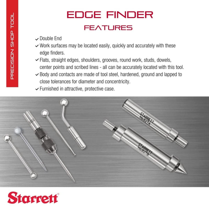 Starrett 827B Edge Finder Double Ended with Pointed Contact, 0.5 Inch Case Diameter, 0.2 Inch Contact Diameter