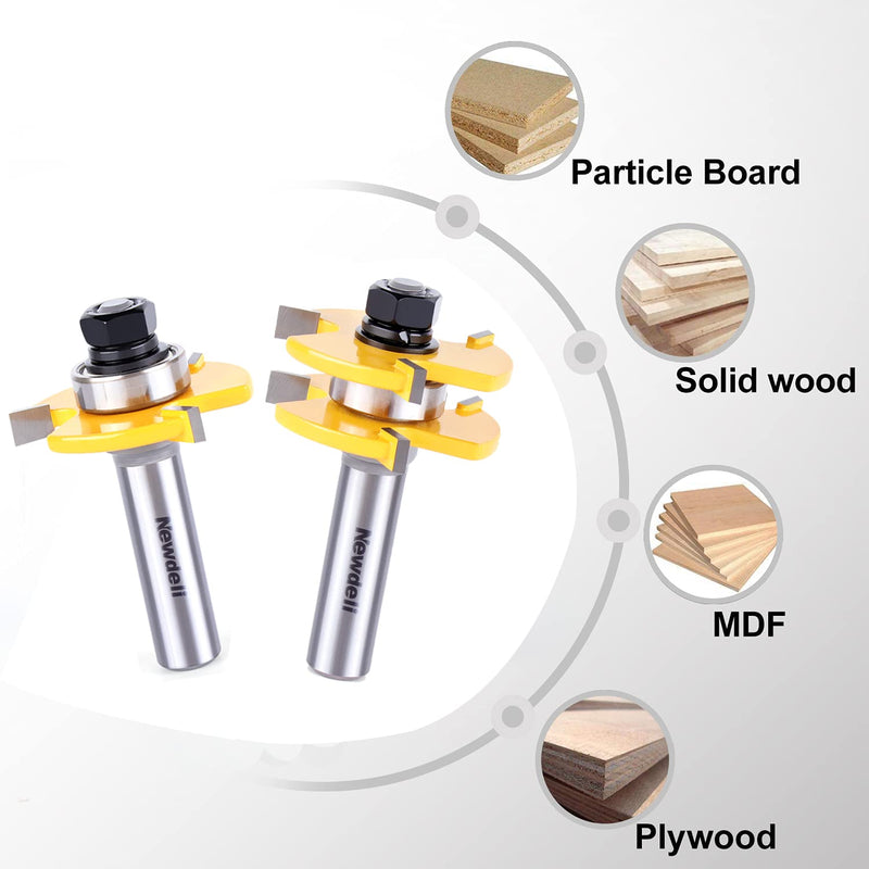 [Australia - AusPower] - Tongue and Groove Router Bit Set 1/2 Inch Shank?Newdeli 3 Teeth Adjustable T Shape Wood Milling Cutter, Tongue Groove Router Bits 1/2" Shank * 3/4" Stock * 1/2" Depth 