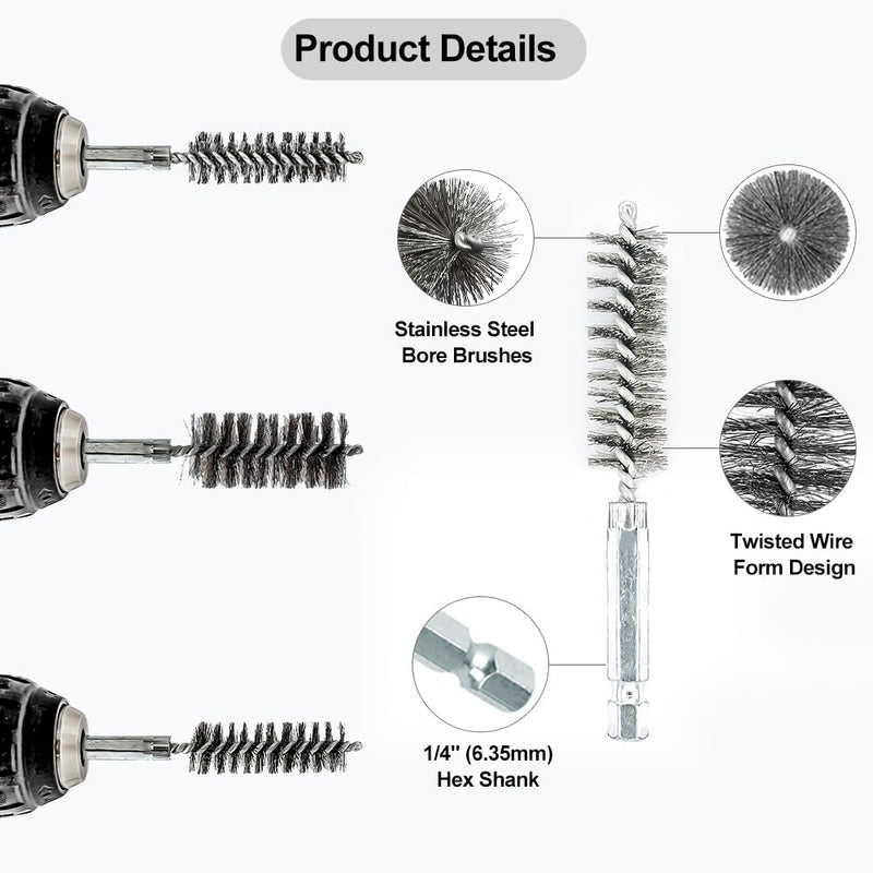 [Australia - AusPower] - ASNOMY 14Pcs Stainless Steel Bore Brush,5/16"-1" Stainless Steel Bristles Wire Brush Bore Cleaning Brush Set for Power Drill Cleaning, Abrasive Wire Brush with 1/4" Hex Shank 14Pcs 5/16''-1'' Inch Bore Brush 
