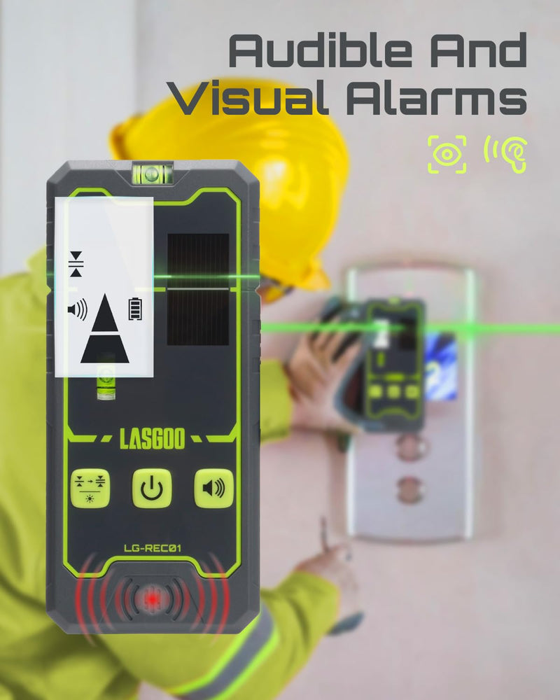 [Australia - AusPower] - LasGoo LG-REC01 Laser Receiver for Laser Level, Dual LCD Display & Bubble Level, Green & Red Laser Beam Detector for Pulsing Line Lasers, Up to 164ft, Built-in Rechargeable Battery, Clamp Included 