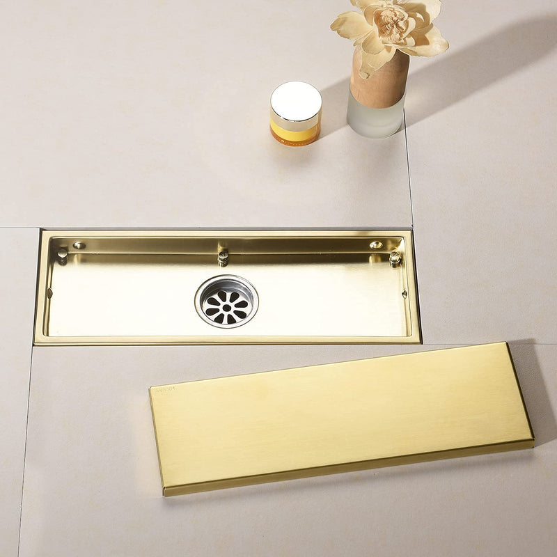 Linear Shower Drain Pipe 12 Inches Brushed Gold, with Tile Insert Grille, Detachable Hidden Cover, SUS304 Stainless Steel Rectangular Floor Drain