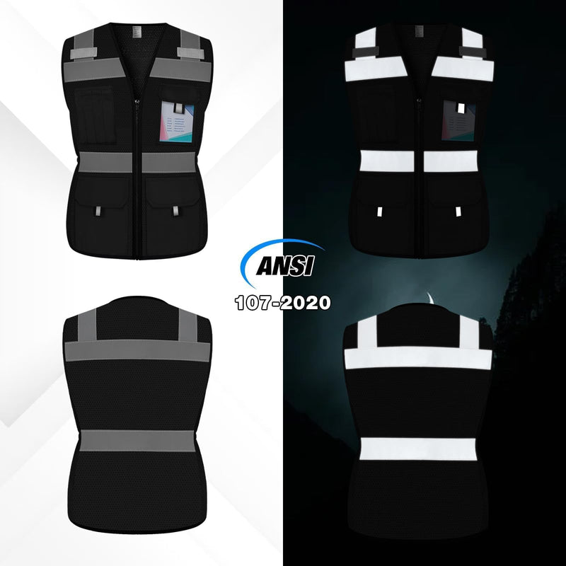 Reflective Vest for Women, Mesh Womens Safety Vest with 11 Pockets and Zipper, Hi Vis Neon Construction Work Vest for Lady Surveyors/Workers, Snugly-Fitted, ANSI Compliant (U-Black, M) Medium Black