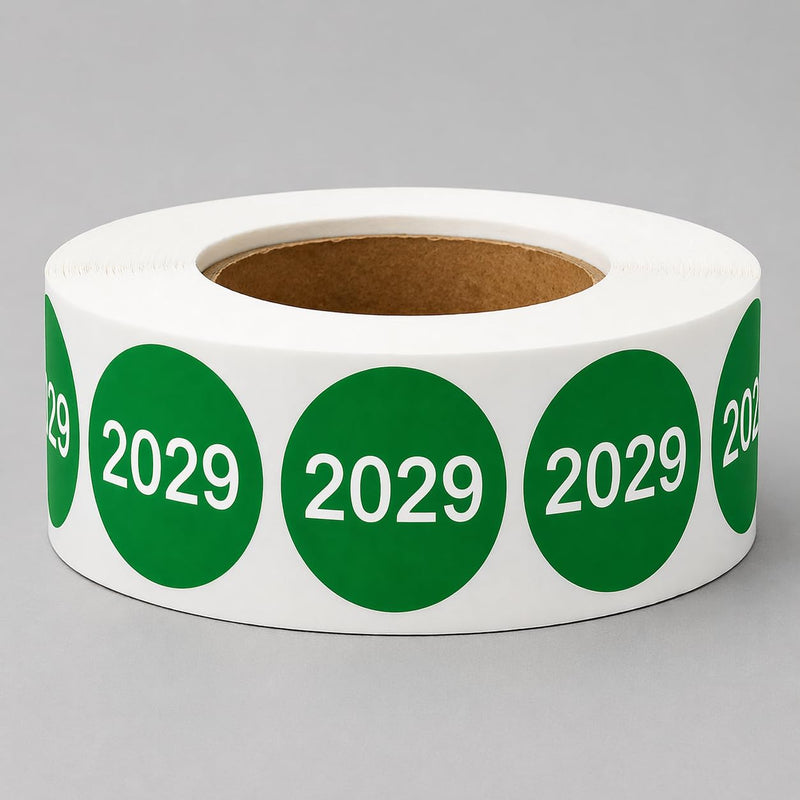 2029 Round Year Labels, Green Semi-Gloss, 3/4 Inch Circle, 500 per Roll, Color-Coded Stickers for Inventory & Filing