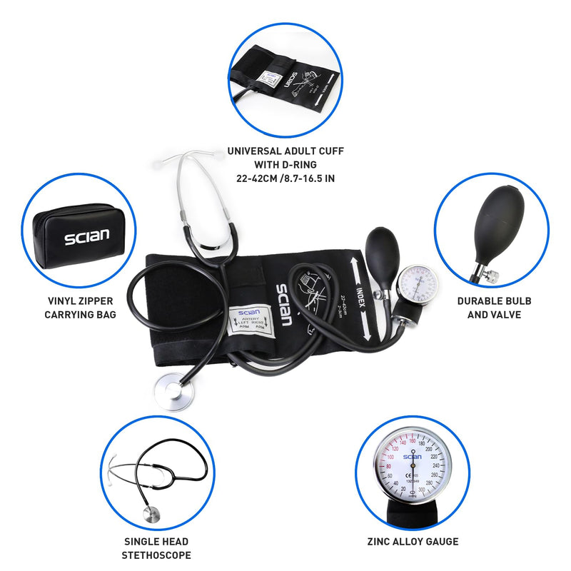[Australia - AusPower] - Scian Manual Blood Pressure Cuff with Stethoscope – Professional Aneroid Sphygmomanometer with Adult Cuff 8.7”-16.5”& D-Ring, Classic Bp kit with Carrying Bag (Black) 
