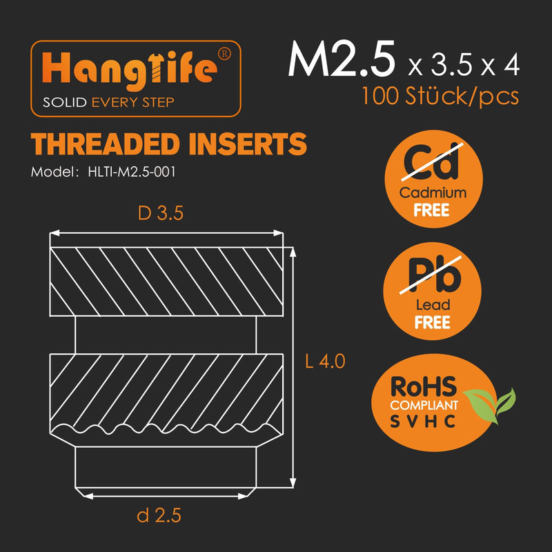 [Australia - AusPower] - Heat-Set Threaded Inserts, M2.5 Heat Set Insert for 3D Printing Components and Plastic Parts - Brass Metric Knurled Nuts (100 Pieces) M2.5 x D3.5 x L4(100pcs) 