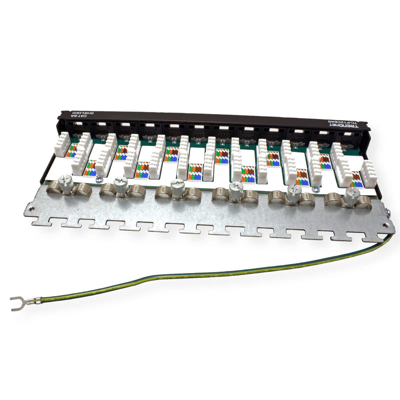 TRENDnet 12-Port Cat6A Shielded Patch Panel, 10G Ready, Cat5e,Cat6,Cat6A Compatible, Metal Housing, Color-Coded Labeling for T568A and T568B Wiring,Cable Management,Wall Mountable, Black,TC-P12C6AS 12 port