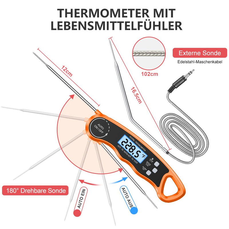 [Australia - AusPower] - CIRYCASE Double Probe Meat Thermometer, Instant Read Roasting Thermometer, Grill Thermometer, Digital Thermometer Cooking with Backlight & Magnetic Temperature Display for Kitchen/BBQ/Baking/Industry orange 