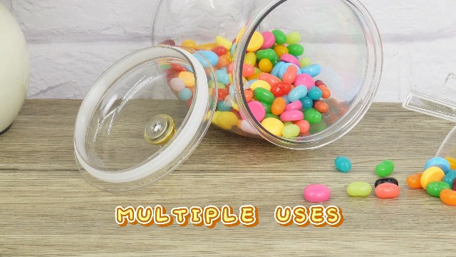 Six clear plastic candy jars with lids, 42 oz capacity, ideal for storing cookies and treats, by SENONAPO.