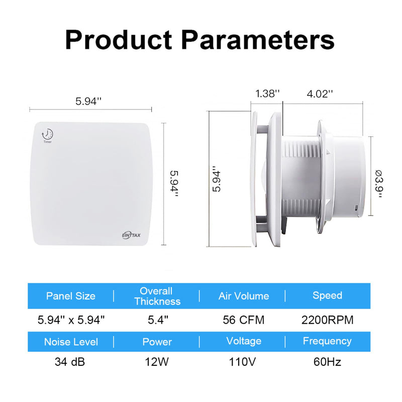 4 Inch Exhaust Fan, 56CFM Wall Mount Bathroom Exhaust Fan with Timer and Backdraft Damper, Quiet Window Mount Extractor Ventilation Fan for Bathroom Kitchen Garage, 12W, White Timer-without Plug