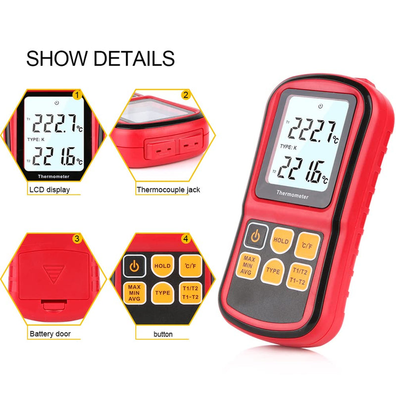 [Australia - AusPower] - Digital Thermometer Pyrometer -400°F ~ 3200°F (-250°C ~ 1700°C), Professional Thermocouple Lab Thermometer with Dual Channel Thermometer Probe, K-Type Handheld High Temperature Thermometer Red 
