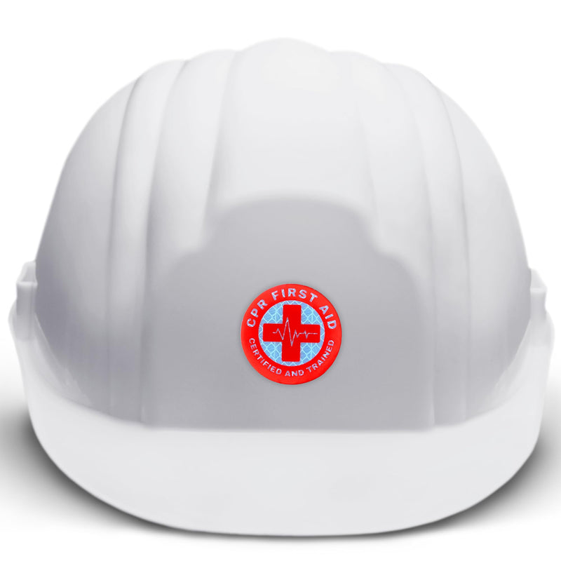 CPR & First Aid Trained Certified Hard Hat Reflective Stickers | 5 pk 2” Circles Safety Decals, OSHA Forklift Certified Hat Plastic Adhesive