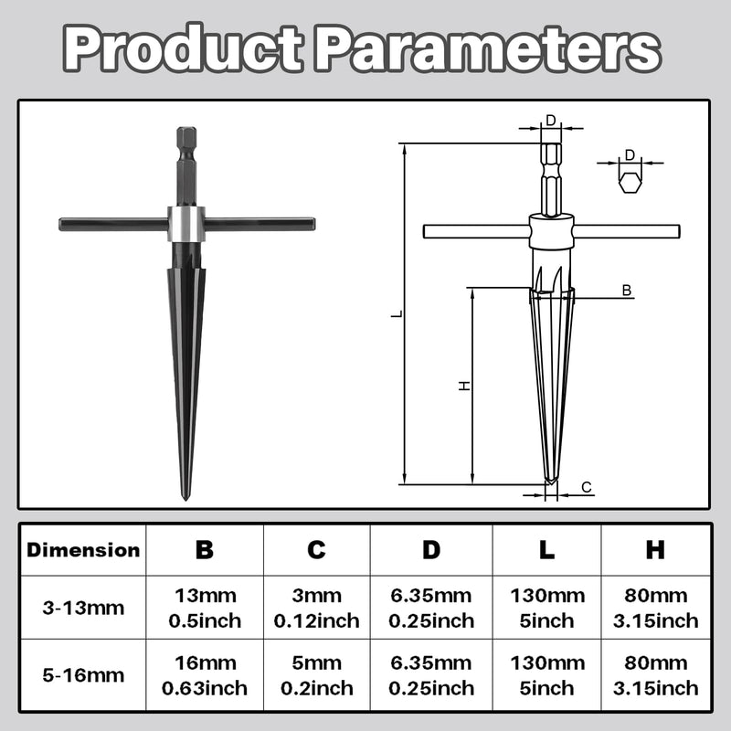 [Australia - AusPower] - Tapered Reamer Set with T Handle, 3-13mm (1/8''-1/2'') & 5-16mm (½"-5/8") 6 Fluted, Carbon Steel Hex Shank for Guitar Woodworking - 2pcs Hexagonal handle 