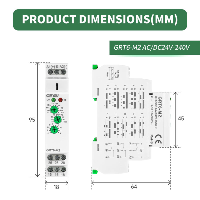 GEYA 10A MultifunctionTimer Relay 10 Funcitons Time Delay Relay 2SPDT DIN Rail 0.1s-10 Days(GRT6-M2,AC/DC24V-240V) AC/DC24V-240V Grt6-m2