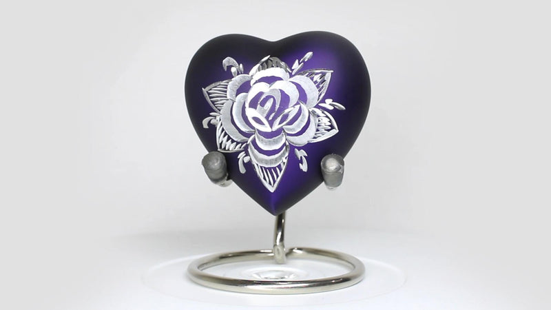 Rose Heart Shaped Keepsake Urn for Human Ashes - Mini Memorial Urn with Display Stand, Velvet Bag & Premium Gift Box - Engraved Metal Urn for Baby, Boy, Girl, Parents, Loved Ones (Purple, Small) Purple