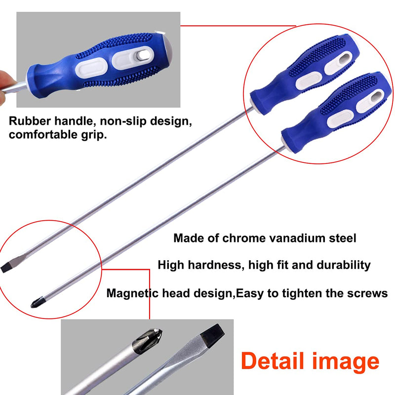[Australia - AusPower] - smseace 12INCH-2 Packs Slotted And Phillips Screwdriver Set 12 "(PH2), Long Flat Blade Screwdriver And Cross-head Screwdriver, Magnetic Extended Screwdriver With Rubber Handle.E-007-2P 