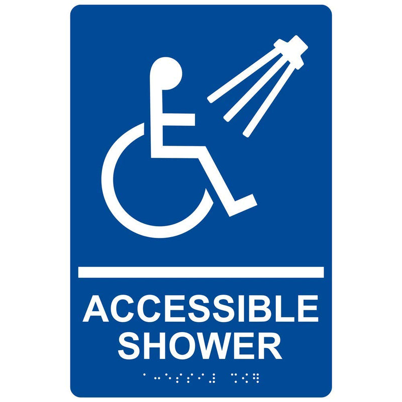ComplianceSigns.com Accessible Shower Sign, ADA-Compliant Braille and Raised Letters, 9x6 in. White on Blue Acrylic with Adhesive Mounting Strips