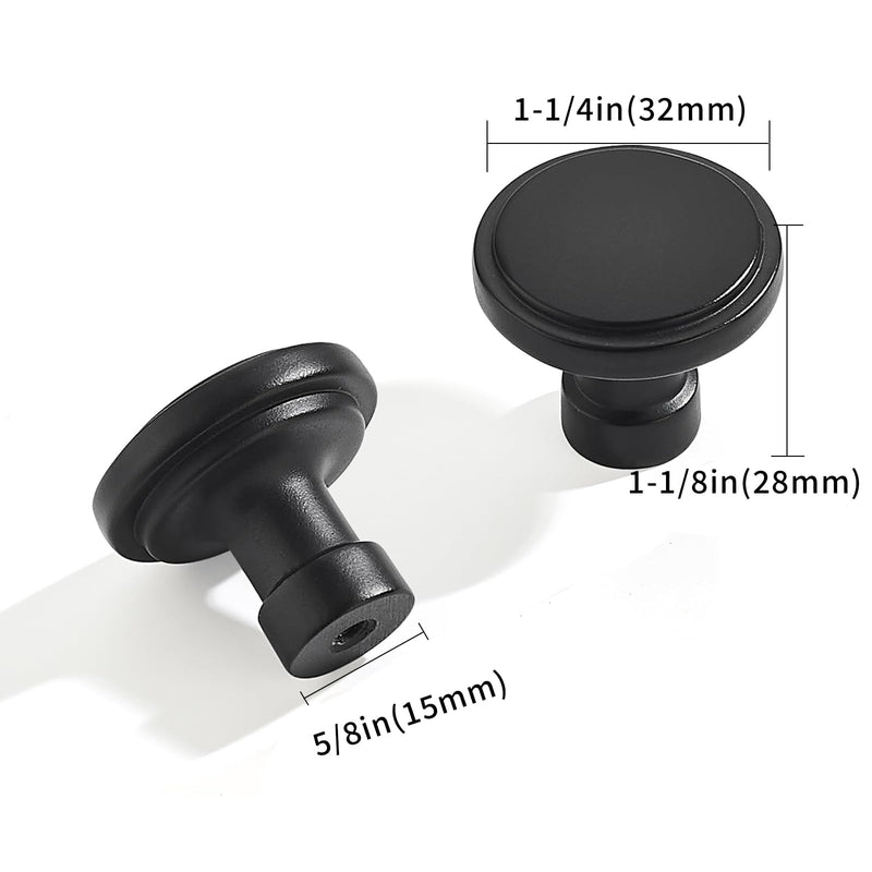 khtumeware 10 Pack Knob Black Cabinet Knobs Solid Heavy Duty Knobs Drawers Bi-Fold Door Knob Cabinet Hardware for Kitchens Bathroom 1-1/4 inch(32mm)Diameter Matte Black