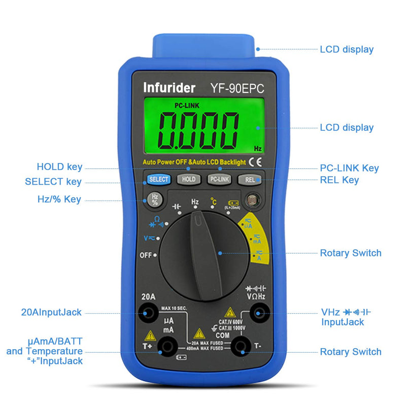 [Australia - AusPower] - Digital Multimeter Tester, Ohm Amp Volt Meter with PC Link, 4000 Counts Auto-ranging Voltmeter Ammeter DMM for AC DC Volt, Amp, Ohm, Cap,Temp and Battery Test 