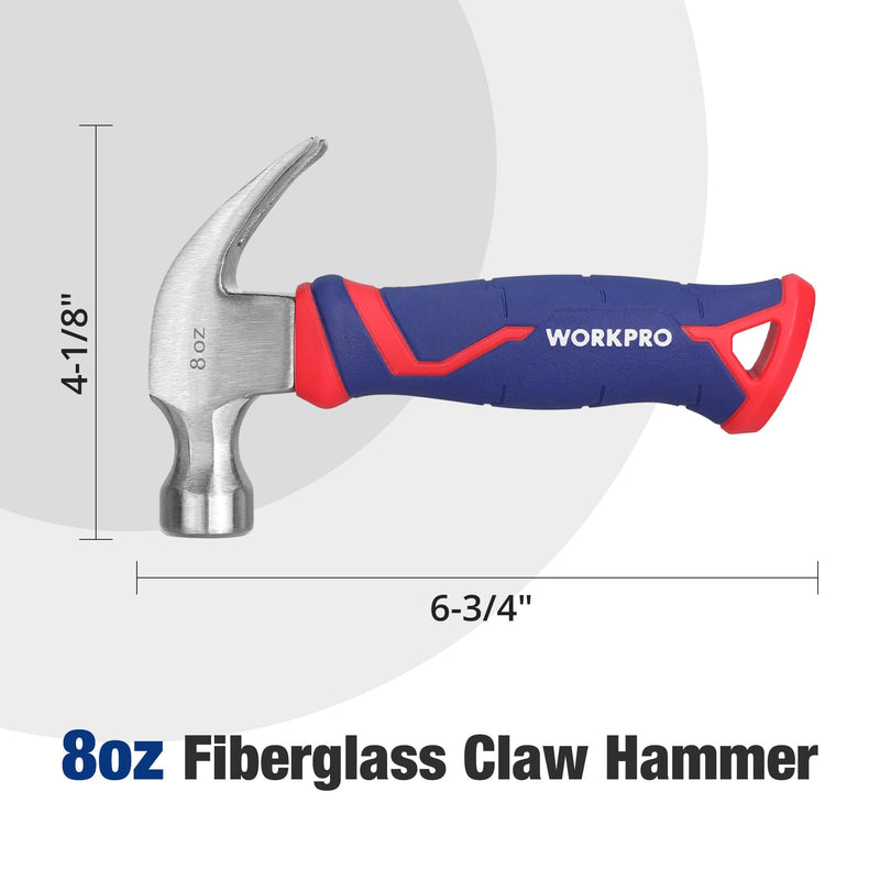 [Australia - AusPower] - WORKPRO 8 oz Claw Hammer with Fiberglass Handle, All Purpose Hammer with Forged Hardened Steel Head, Smooth Face & Shock Reduction Grip 