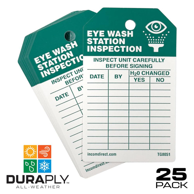 INCOM Manufacturing Inspection Tags, Eye Wash Station Inspection,Heavy-Duty DuraPly™ Stock,Waterproof & Tear-Resistant,Green/Black On White, 5.75 Inch X 3.375 Inch X 10 Mil Thickness, 25 Pack,TG8051PT
