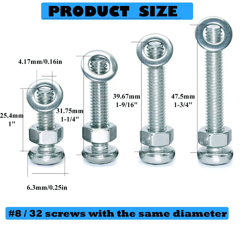[Australia - AusPower] - 120 Pcs Machine Screws 8/32 Knob/Pull Screws Bolt Nut Flat Washers Assortment Kit Carbon Steel Zinc-Plated Phillips Used for Industrial and Construction Fasteners 4 Sizes Length #8-32x1"to#8-32x1-3/4" 120 Pcs Machine Screw Kit 