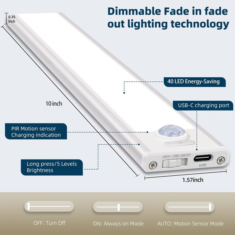 10inch Under Cabinet Lighting, 4 Pack Rechargeable Motion Sensor Light Indoor, Wireless Dimmable Magnetic Closet Lights, 40 LED Under Counter Lights for Kitchen, Wardrobe, Stairs, White Light 10inch