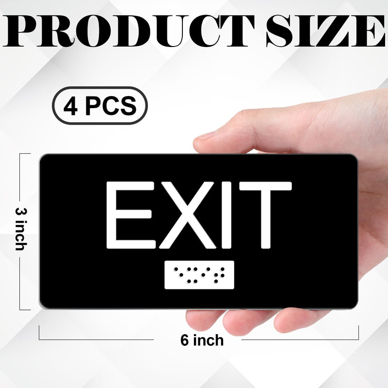 [Australia - AusPower] - 4 Pcs ADA Compliant Exit Sign with Tactile Braille 6 x 3 Inch Plastic Exit Sign for Business with Adhesive Mounting Strips for Indoor Outdoor Office Buildings Workplace 4 