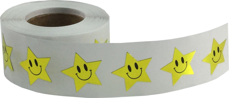 Metallic Gold Happy Face Star Stickers, 0.75 Inch Star Shaped Adhesive Labels, 500 Total Reward Stickers on a Roll for Teachers, Classrooms, Motivation, Charts, and Incentives – Made in the USA Metallic Gold