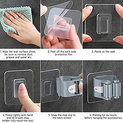 Pack of 4 Broom Holder Wall Self-Adhesive Broom Holder Self-Adhesive Mop Holder No Drilling Wall Mount Broom Holder Broom Holder Wall Mounted Grey Mop Holder Mop Holder for Kitchens, Bathrooms