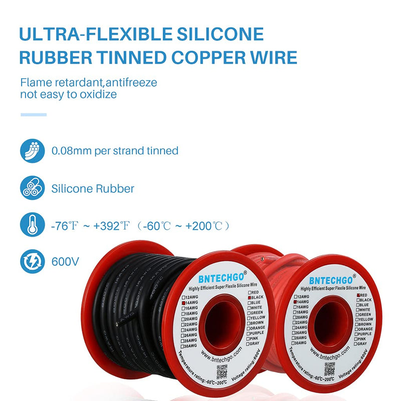 [Australia - AusPower] - BNTECHGO 14 Gauge Silicone Wire Spool red and Black Each 25ft Flexible 14 AWG Stranded Tinned Copper Wire silicone wire red 25ft and black 25ft Silicone Wire Red and Black 