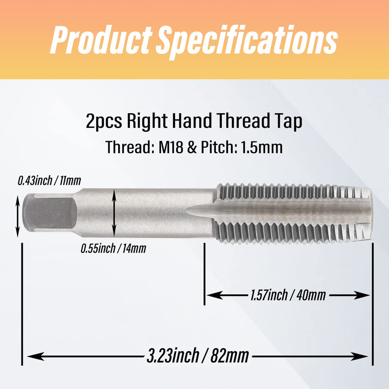 [Australia - AusPower] - 2pcs M18x1.5 Tap, M18 Metric Thread Tap Right Hand Thread Tapping Tool, HSS Thread Milling Taps (M18 x 1.5, Taper & Plug Tap) 