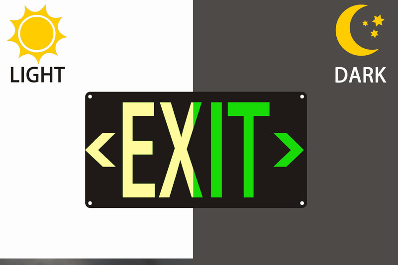 Photoluminescent Exit Sign Black - Aluminum -14 x 7.5 x 0.04 Sign,With Removable Directional Arrows, With Strong Self Adhesive Tape. Style 1 -Photoluminescent Exit Sign Black 1 Pack