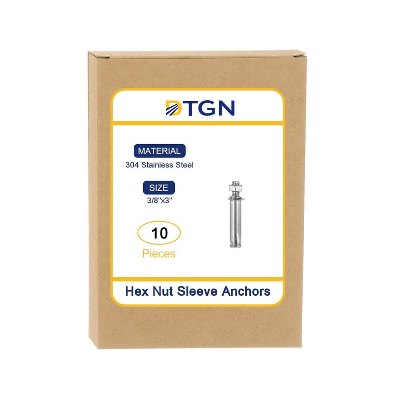 [Australia - AusPower] - 3/8" x 3" Hex Nut Sleeve Anchors - 10Pack - Good for Concrete Dry Brick Block Walls - 304 Stainless Steel - Silver 10 