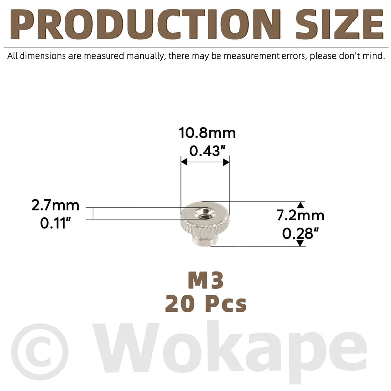[Australia - AusPower] - 20Pcs M3 Knurled Thumb Nuts, Nickel Plated Iron Knobs Fasteners Round Hand Screw Nuts for 3D Printer Parts Nickel Plating 