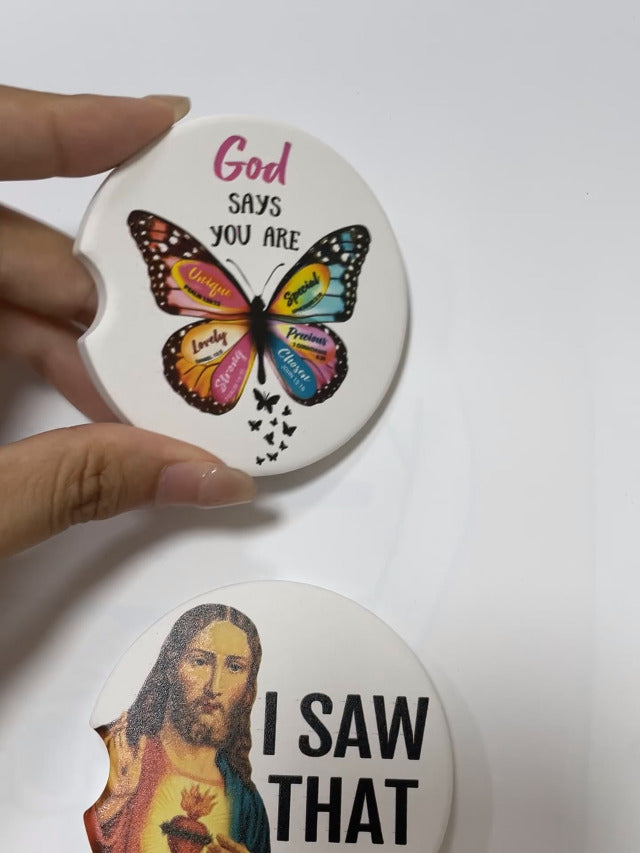 Christian Car Coasters for Cup Holders - 2 Pack Cute Butterfly Bible Verses Car Accessories for Women, Inspirational Faith Decor, Absorbent Ceramic Cup Holder Coaster for Car, Scripture Religious Gift