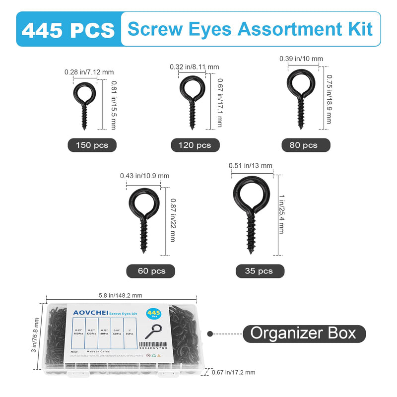 [Australia - AusPower] - Aovchei Eye Screws Set, 455PCS 0.59" 0.67" 0.75" 0.87" 1" Heavy Duty Eye Hooks, Self Tapping Screw Bolts, Indoor & Outdoor for Hanging Artwork, Black 455pcs-5 Size 