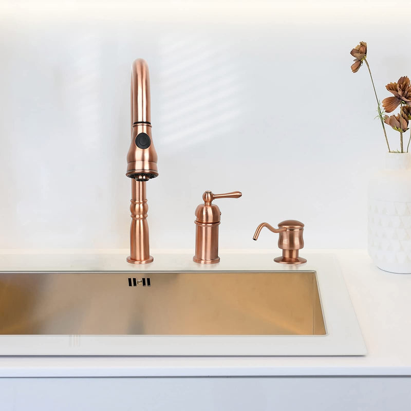 Akicon Soap Dispenser for Kitchen Sink, Brass Body Refill from Top, Built in Design with Large Liquid Soap 17 OZ Bottle, Kitchen Countertop Soap Dispenser Copper