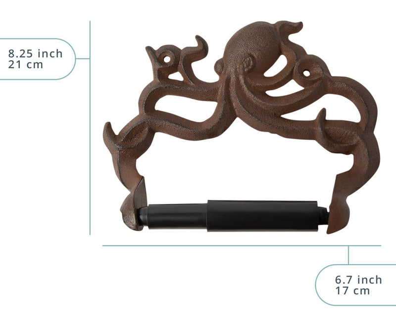 Comfify Rust Brown Cast Iron Octopus Toilet Paper Holder – Nautical Cabin | Rust Brown octopus; cast iron; 6.69"H x 8.07"L; holds jumbo rolls; spring-loaded; screws and anchors included