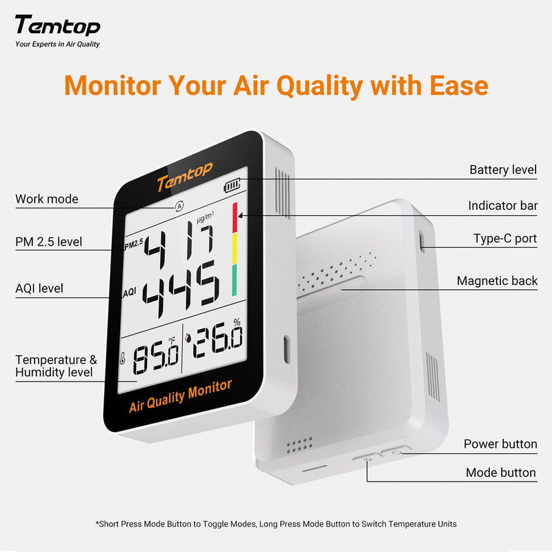 [Australia - AusPower] - Temtop S1-UP Air Quality Meter PM2.5, AQI, Temperature and Humidity, Ultra Long Battery Life of 100 Days, Ideal for Home and Office S1-up(Extended Standby) 