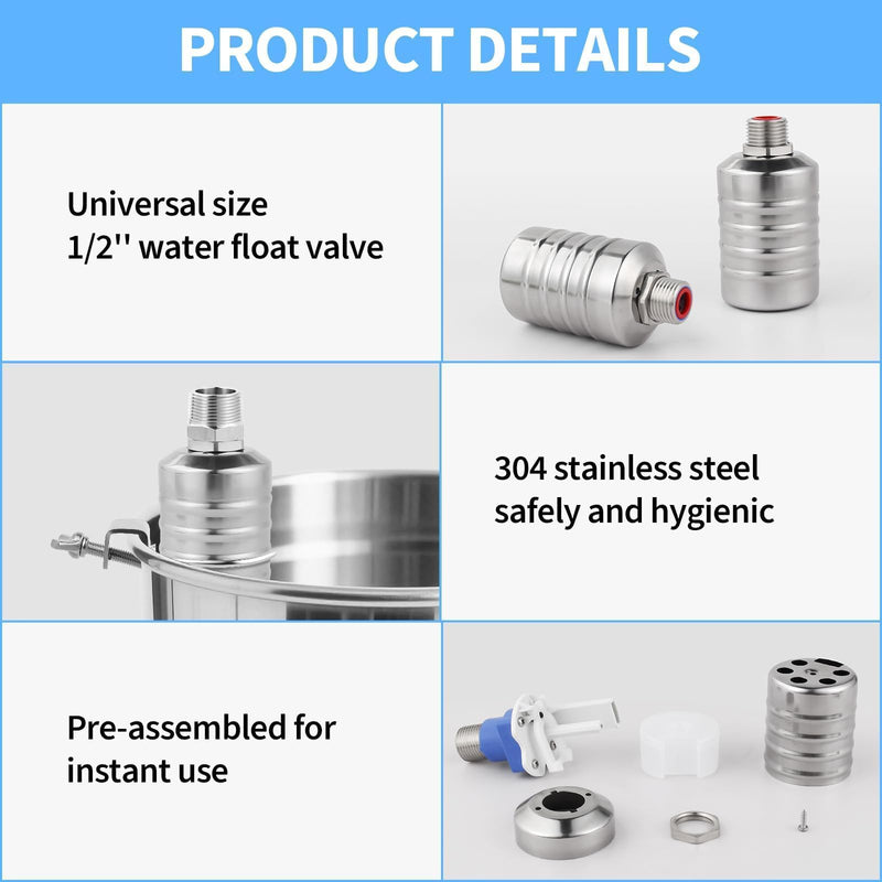 2Pcs Water Float Valve, 1/2" to 3/4" Aquapulse Automatic Water System 304 Stainless Steel, Auto Shut off Water Tank Float Valve for Water Tower, Livestock Troughs, Pool