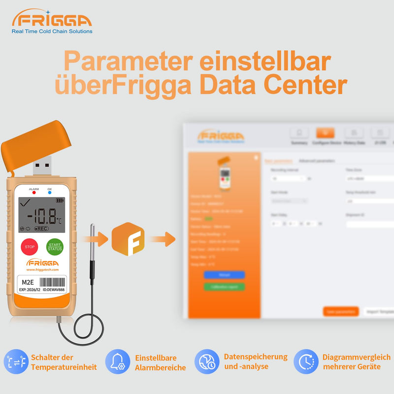 [Australia - AusPower] - Frigga M2E Multipurpose Temperature Data Logger with External Sensor USB Digital Temperature Pen 14400 Points High Accuracy PDF CSV Report 1 pack. 