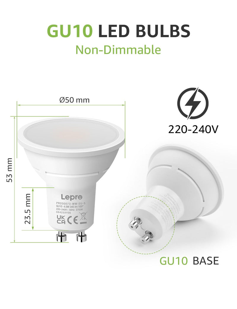 Lepro GU10 LED Warm White Bulbs, 4.5 W, 345 lm, Not Dimmable, Pack of 5 | 100° beam angle, 2700 K warm white, flicker-free, energy-saving LED bulb for living room, kitchen, office