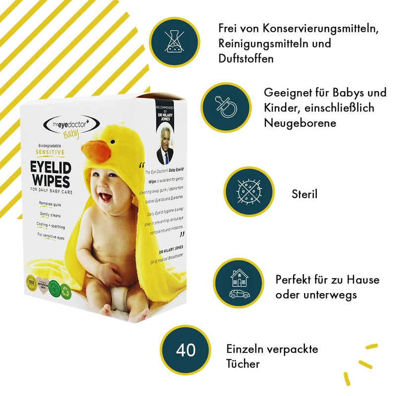 Eye Doctor Baby Eye Wipes for Sensitive Baby Eyes, Pack of 40, Sterile | Daily baby care without preservatives, detergents and fragrances, 40x, individually wrapped, for sensitive eyes 1 piece (pack of 40)