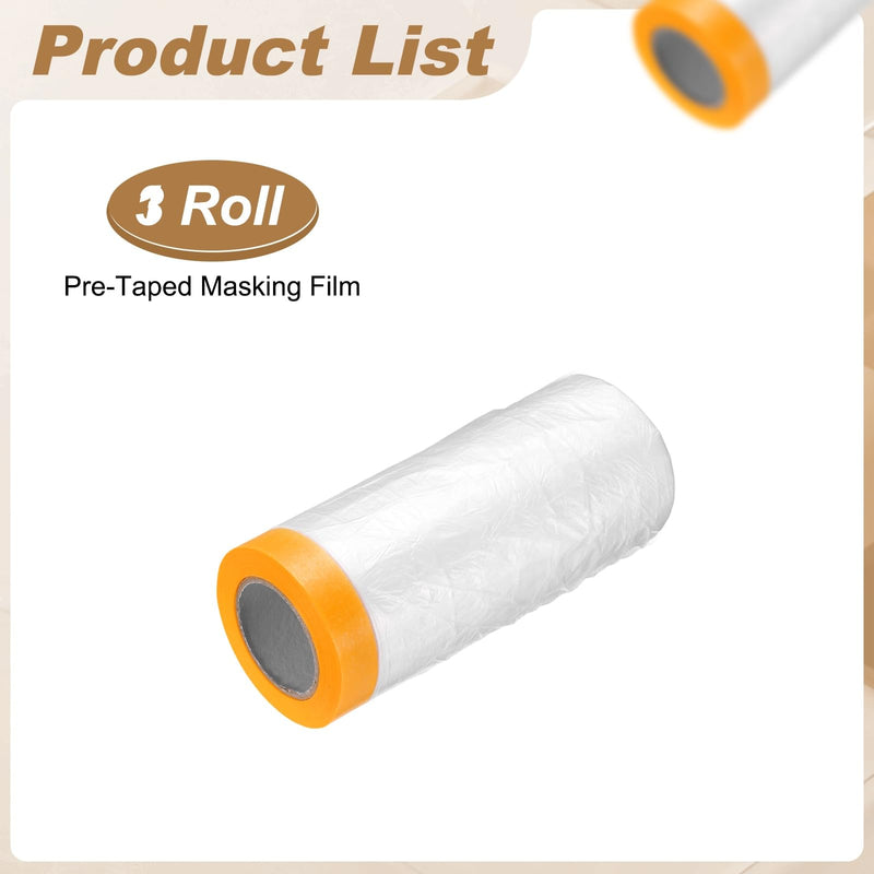 HARFINGTON 3pcs Pre-Taped Masking Film 43.3" x65ft Adhesive Tape and Drape Painters Plastic Drop Cloth Film with Tape Plastic Sheeting for Automotive Painting Covering, Clear 43.3"x65ft 3