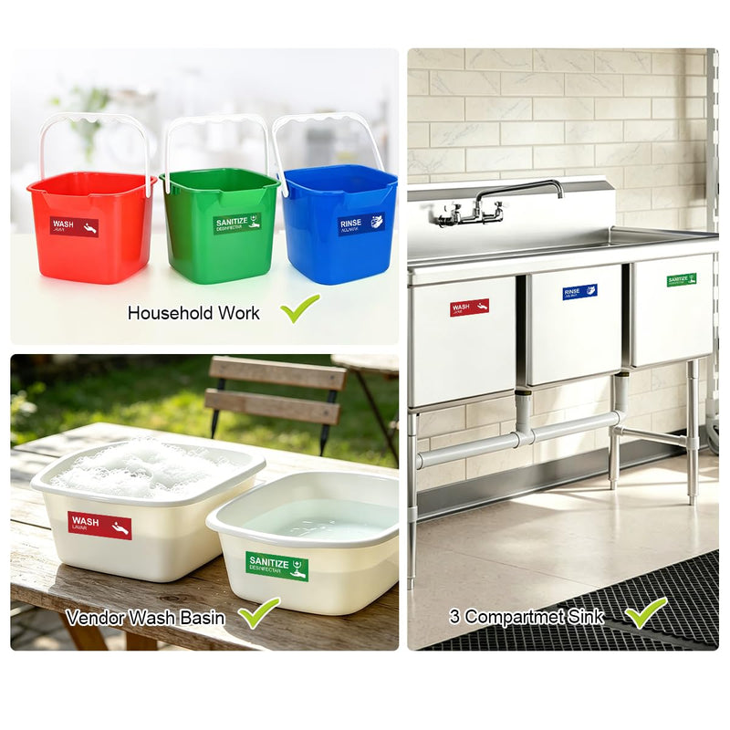 Magicfour Wash Rinse Sanitize Sink Labels, 6”x2” Small Size, 5 Pack 3 Compartment Sink Signs, Waterproof Sticker for Wash Station, Commercial Kitchens, Restaurant, Food Trucks, Dishwashing 5Pcs Sink Labels 6”x2“