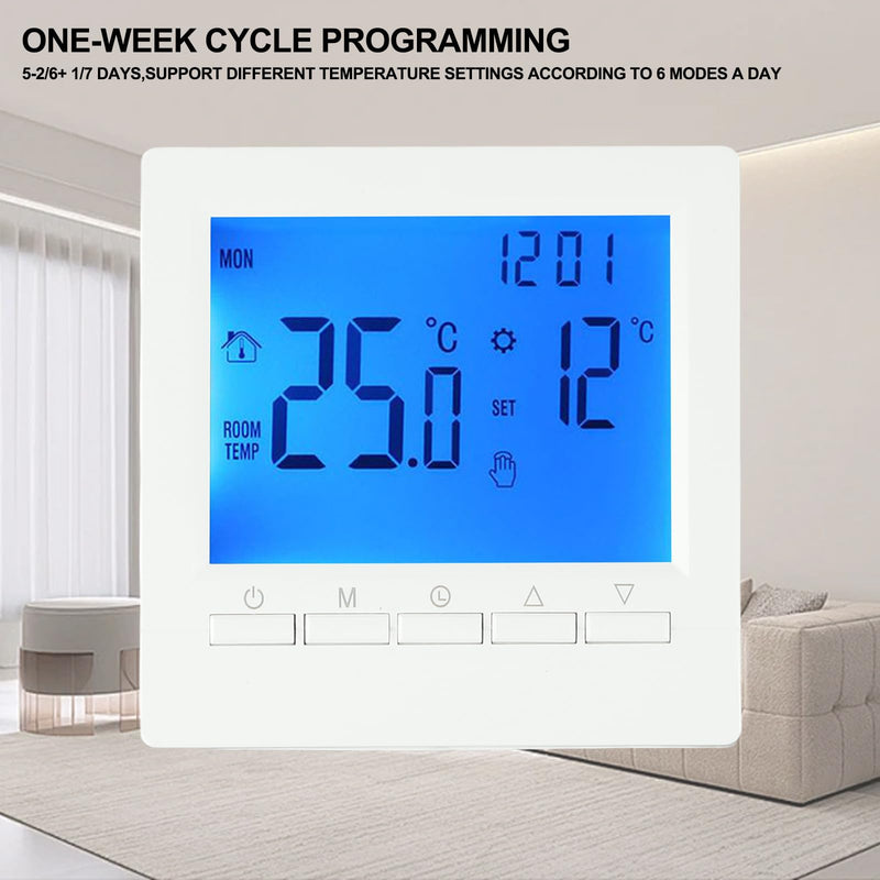 [Australia - AusPower] - Programmable Digital Room Thermostat with LCD Display for Gas Boiler Heating Control, UnderfloorTemperature Controller for Home Heating Boiler, Wall Mounted Or Freestanding, 5-90°C Range 