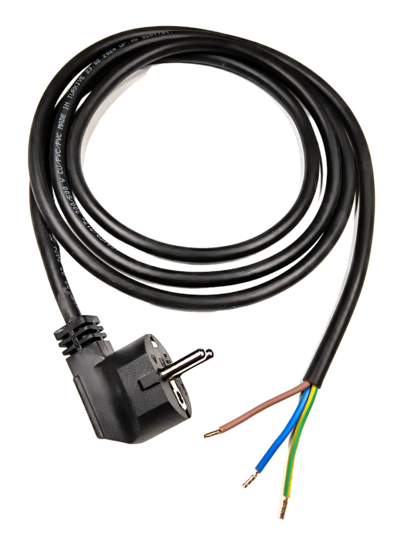 Power Cable with Ferrules, Schuko Plug 230V 16A, 2 Metres, Black | Connection cable, power cable with terminals, earthing contact cable, adapter cable, IP20 2 m